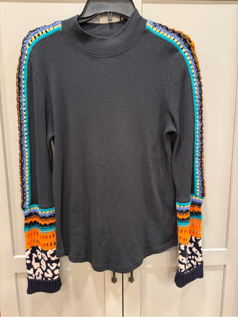 Free People Dark Gray Waffle Knit Top with Multicolor Crochet Sleeves
